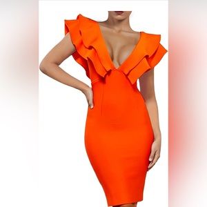 Ruffle Short Sleeve Plunge V Neck Bodycon Dress Back Split Bandage Dress